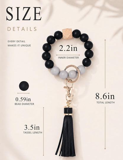 BAOSIWA Silicone Beaded Bracelet Keychain Wristlet Key Ring Bangle Chains for Women with Leather Tassel