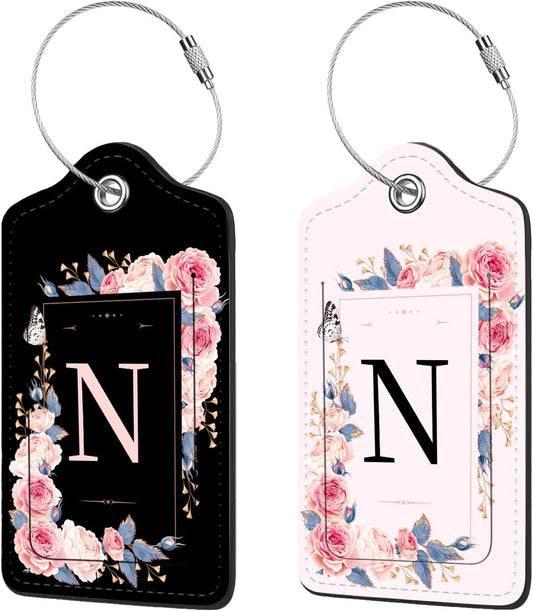 2 Pcs PU Leather Luggage Tag for Suitcases with Privacy Shield and Name ID Tag Address Card Travel Cruise Luggage Tag, Suitable for Men and Women Baggage Handbag Backpack,Flower and Monogram(Letter N