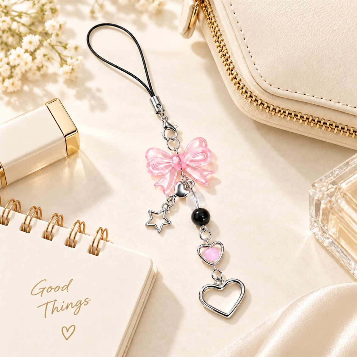 Cute Phone Charms Strap, Y2K Aesthetic Cellphone Keychain, Pink Butterfly Star Strap Accessories for Women, Pendants Decor for Bag Purse Camera Backpack Airpods(Bowknot Rope)