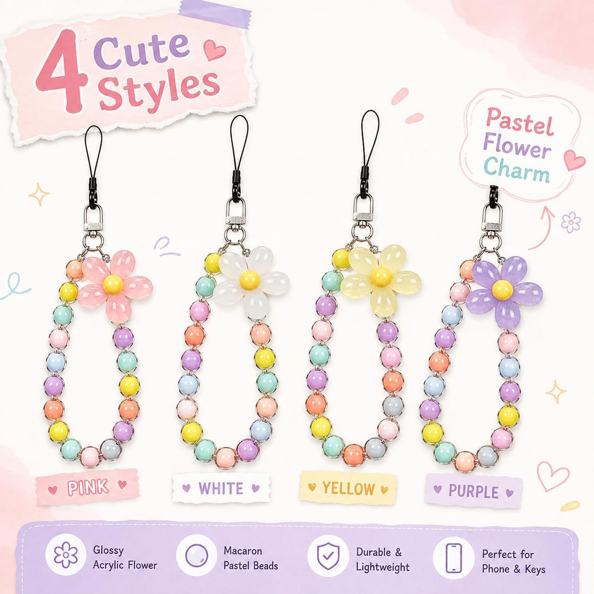 4PCS Flower Keychain, Cute Beaded Phone Strap & Phone Chain for Case