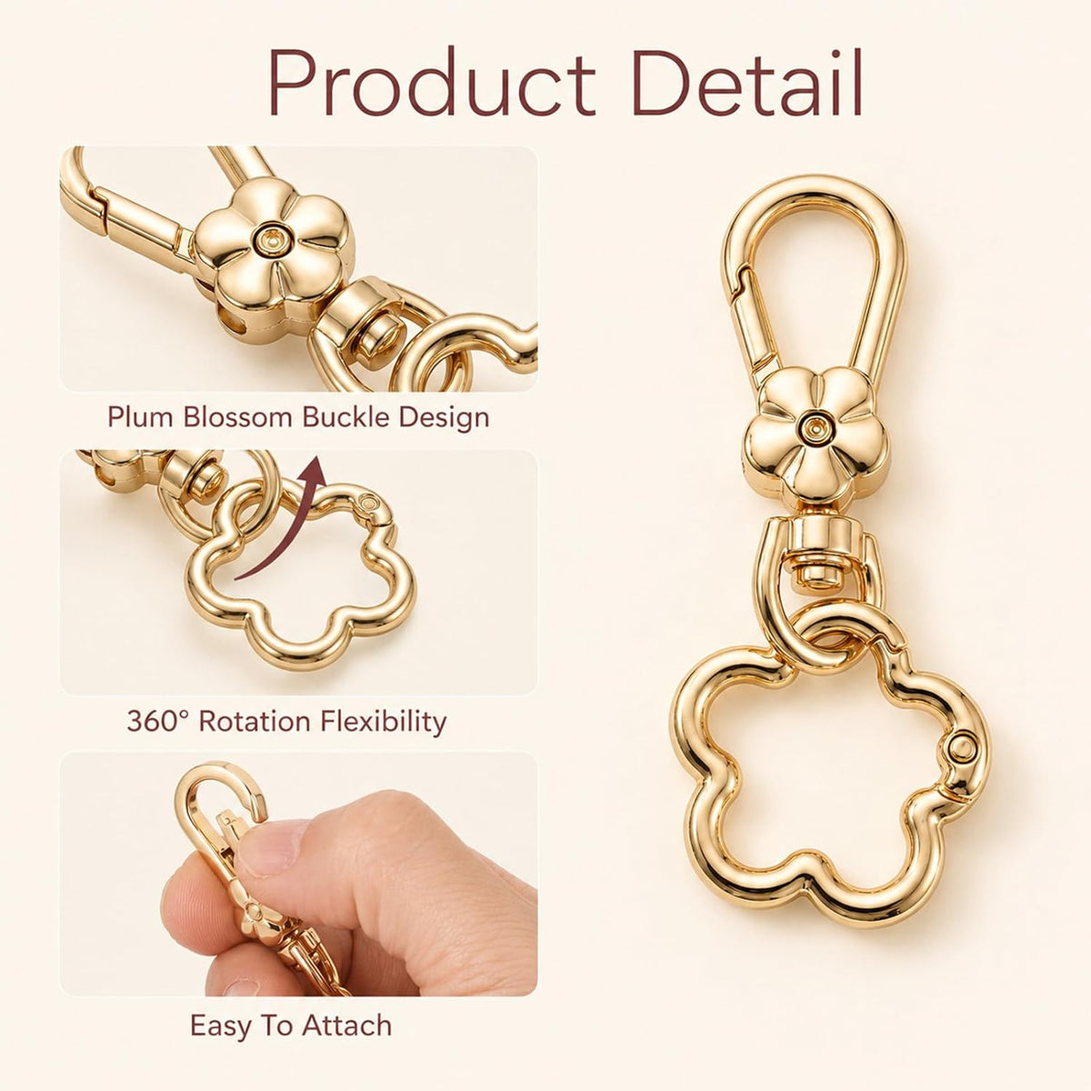2 Pcs Key Holder for Purse, Gold Flower Swivel Keychain Clip Clasp