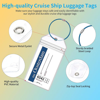 6 Pcs Holland America Cruise Luggage Tag Holders, Zip Seal Clear Cruise Luggage Tag Holder with Steel Loops Fits for Holland America & Carnival Cruise Essentials Must Haves 2025-2026 (6 Holders)