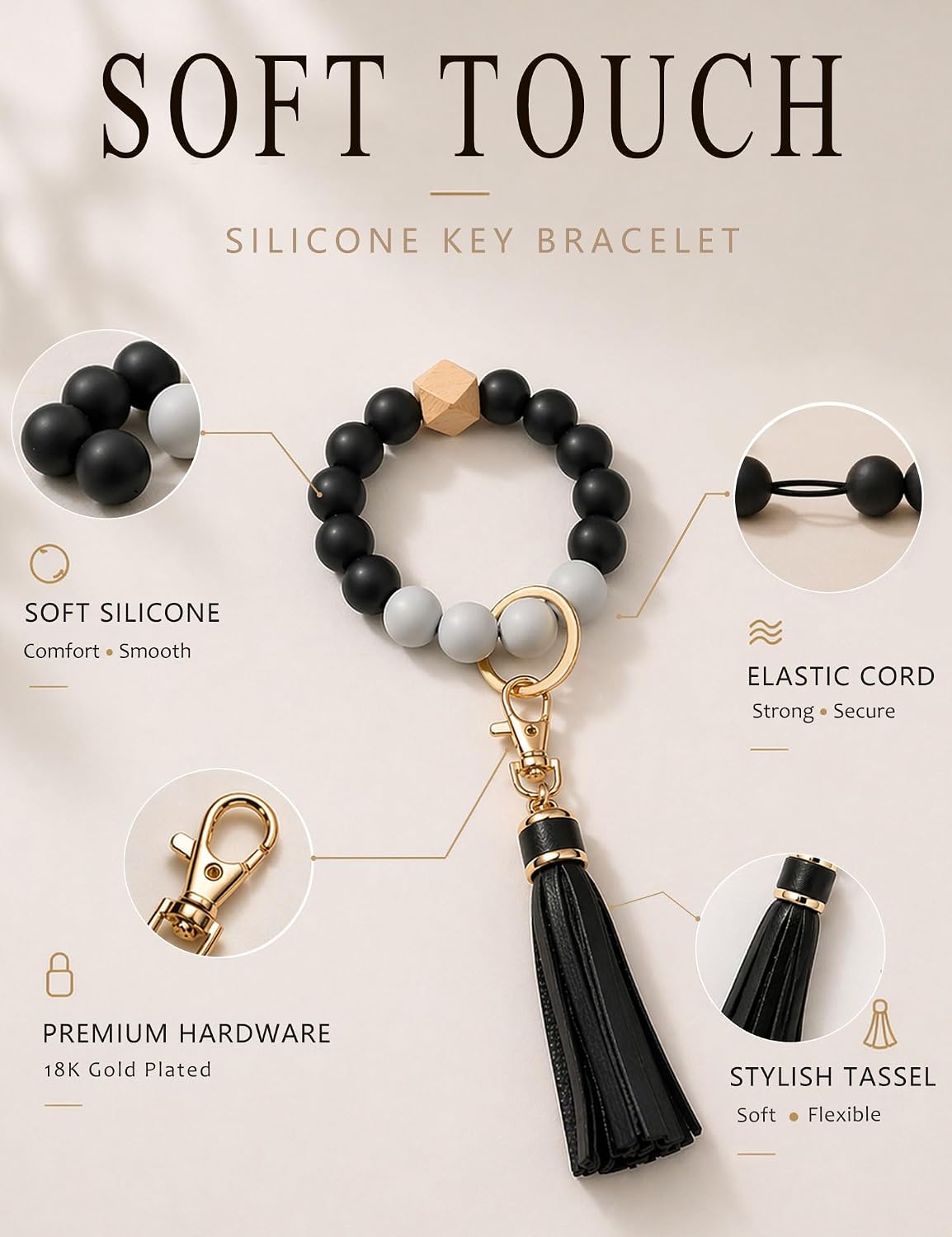 BAOSIWA Silicone Beaded Bracelet Keychain Wristlet Key Ring Bangle Chains for Women with Leather Tassel