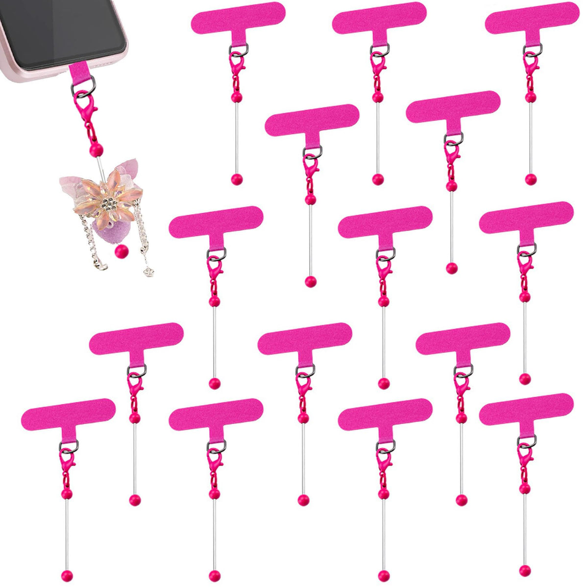15 Pack Beadable Phone Charms with Blank Bar Smartphone Tether Tap Universal Lanyard Patch Accessories for Cell Mobile Phone