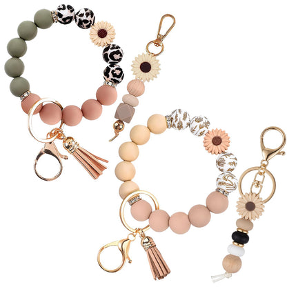 2PCS Bracelet Key Ring Set, Cute Car Key chain Wristlet, Silicone Beaded Bangle keyChains for Women Girls