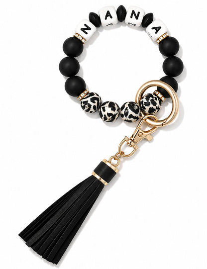 BAOSIWA Silicone Beaded Bracelet Keychain Wristlet Key Ring Bangle Chains for Women with Leather Tassel