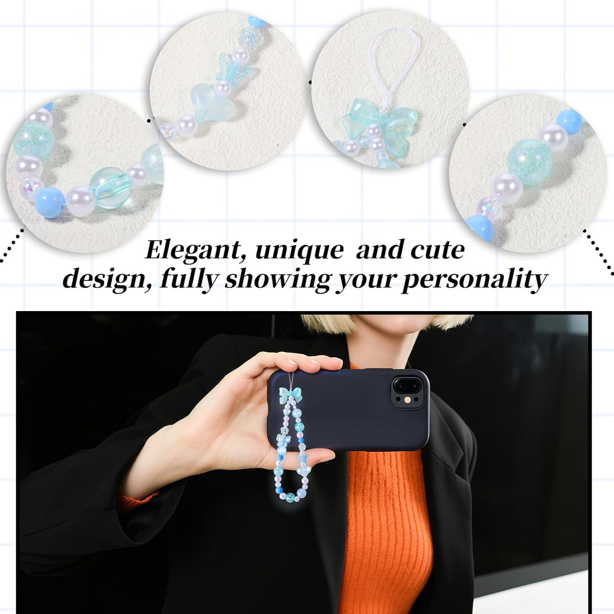 Beaded Phone Charms Strap, 3 Pcs Camera Charm Strap Wristlet Keychain Butterfly Flower Heart Bow Lanyard Chain Cute Lanyard Wrist Straps Cellphone Charm for Phone Case, Wallet (Pink, Purple, Blue)