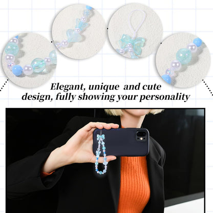 Beaded Phone Charms Strap, 3 Pcs Camera Charm Strap Wristlet Keychain Butterfly Flower Heart Bow Lanyard Chain Cute Lanyard Wrist Straps Cellphone Charm for Phone Case, Wallet (Pink, Purple, Blue)