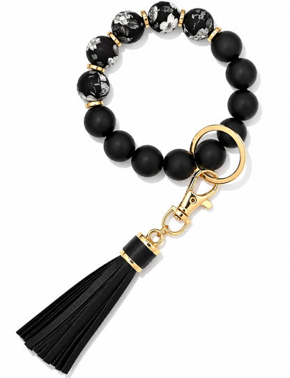 BAOSIWA Silicone Beaded Bracelet Keychain Wristlet Key Ring Bangle Chains for Women with Leather Tassel