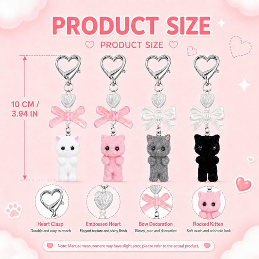 4 PCS Cute Cat Keychain, Fuzzy Cat Keychain, Fuzzy Cat Decor Gifts, Y2K Heart Bow Pendent for Women Girls Gifts Bags Purses, Kawaii Bag Charm