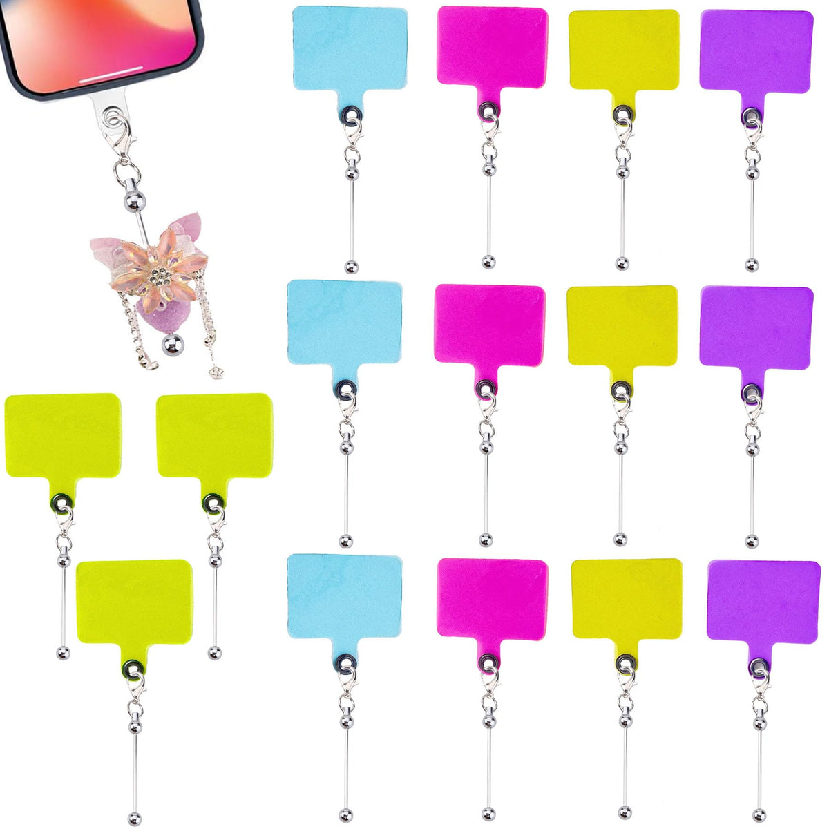 15 Pack Beadable Phone Charms with Blank Bar Smartphone Tether Tap Universal Lanyard Patch Accessories for Cell Mobile Phone