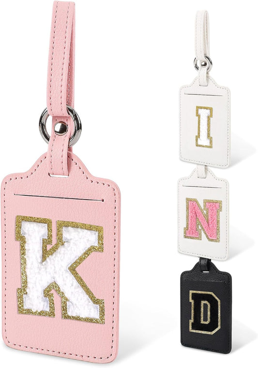 Personalized Initial Luggage Tags for Suitcases, Cute PU Leather Travel Letter Luggage Tags,Suitcase Identifier Name Baggage Tag,Bag Tags for Men Women Kids Luggage Handbags Schoolbags(Pink-White K)