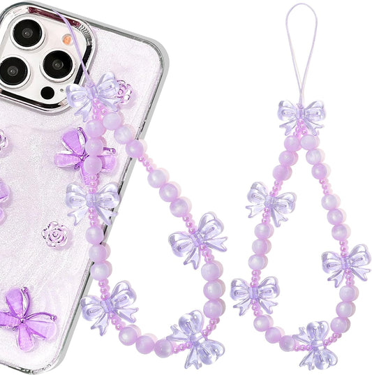 1PC Grape Purple Bow Phone Charm Strap with Translucent Bow Charms, Cute Beaded Coquette Cell Phone Case Charm for Women Teen Girls, Earbud Case eReader Camera Decor