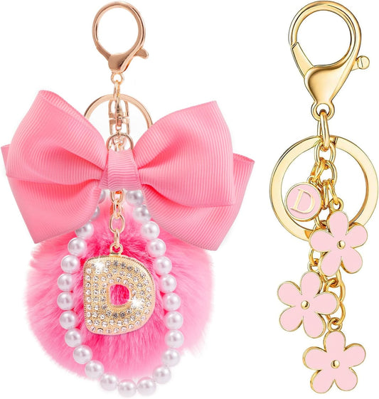 YOU WIZV Initial Letter Keychain for Women Girls Cute Bow Flower Puff Ball Pom Purse Bag Chains for Handbags Backpack