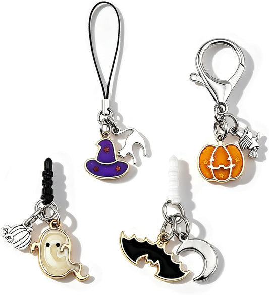 4Pcs Halloween Mobile Phone Charms Halloween Spooky Keychain Lanyard