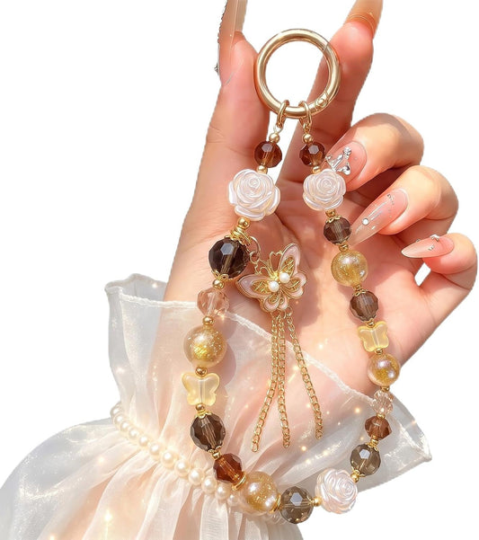 Y2K Butterfly Tassel Phone Charm, Gold Beaded Phone Wrist Strap