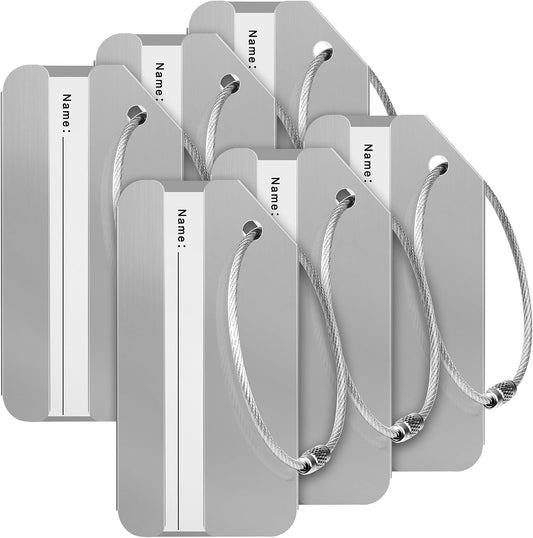 Travelambo 6 Pack Luggage Tags for Suitcases Aluminum Privacy Protection Bag Tags Luggage Identifier Travel Accessories Essentials (Silve)