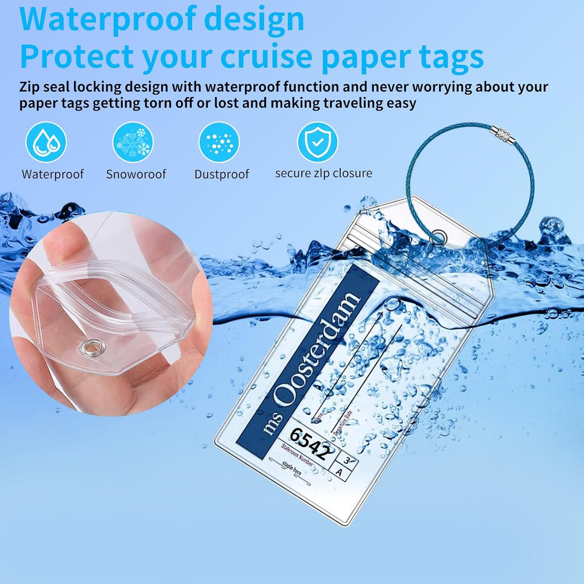 6 Pcs Holland America Cruise Luggage Tag Holders, Zip Seal Clear Cruise Luggage Tag Holder with Steel Loops Fits for Holland America & Carnival Cruise Essentials Must Haves 2025-2026 (6 Holders)