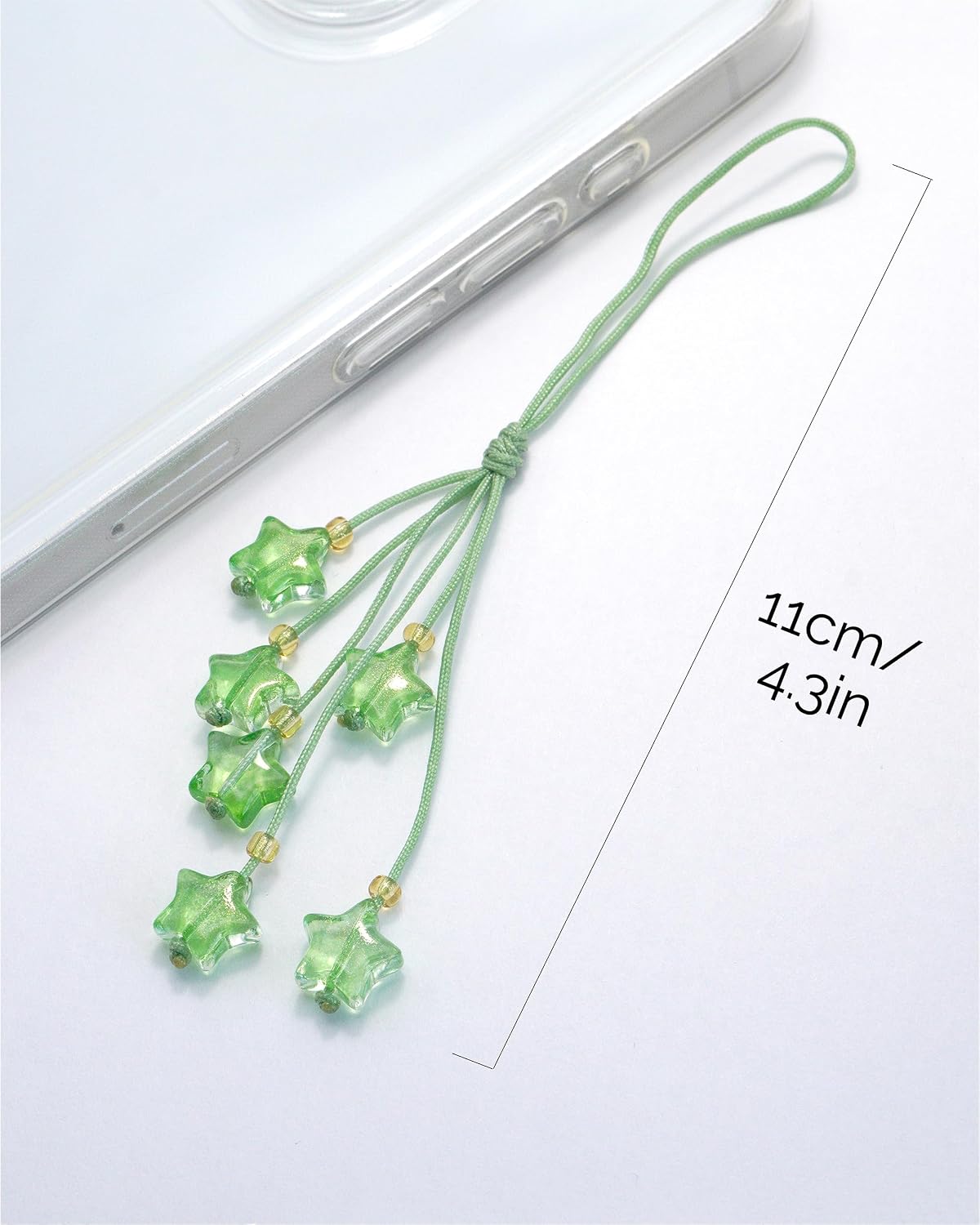 Cute Green Star Phone Charm, Kawaii Braided Mobile Phone Lanyard, Glass Bead Charm, Key Chain, Bag Charm