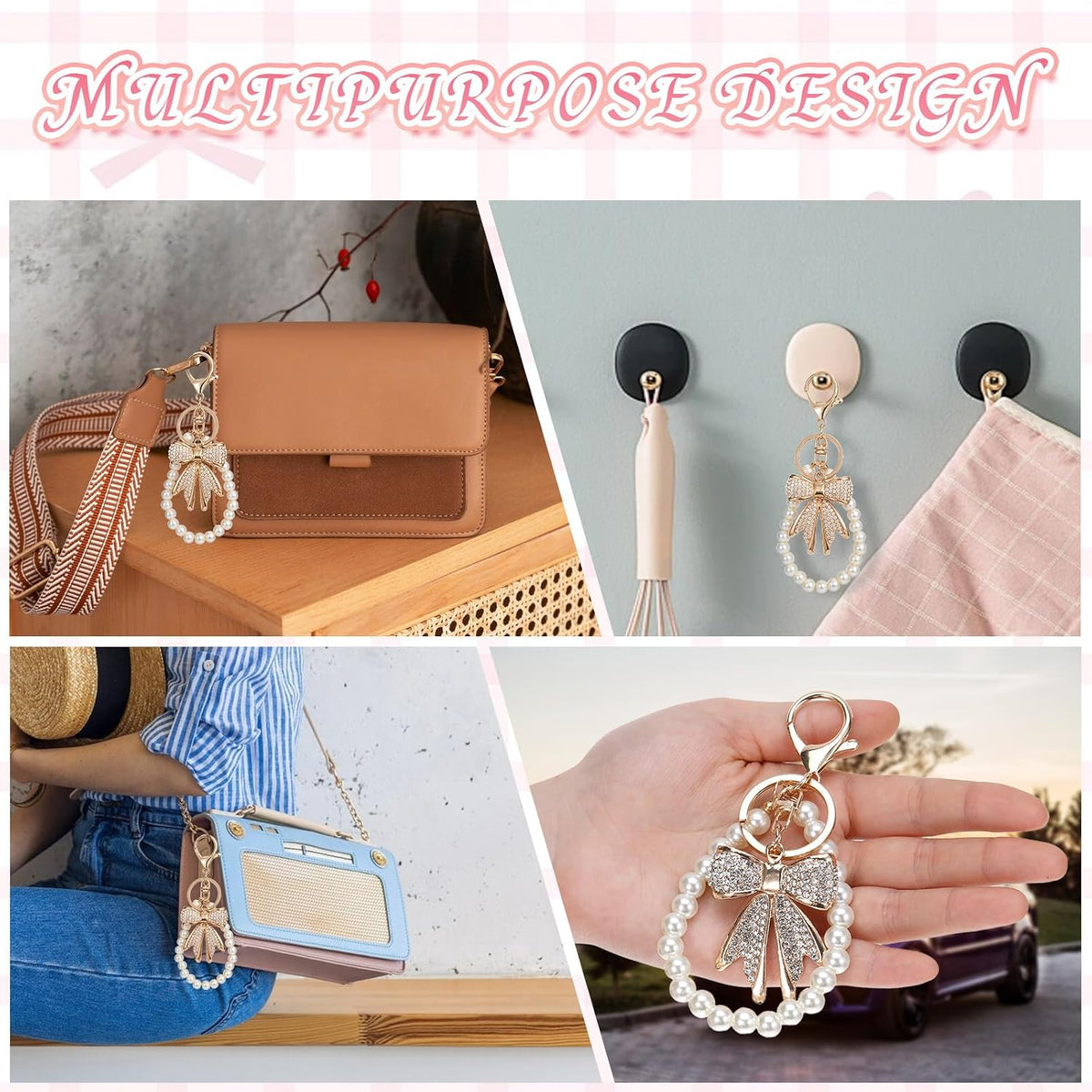 2 Pcs White Rhinestone Bowknot Keychain Imitation Pearl Chains Sparkly Bow Purse Charm Bag Charms for Handbags Purse Backpacks Handbag Charms Keychain Accessories for Women