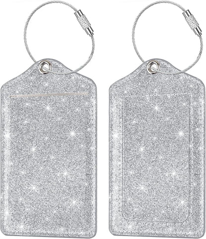 (2 Pack) Luggage Tags Glitter Leather Suitcase Tags Bag Bling Travel Tag