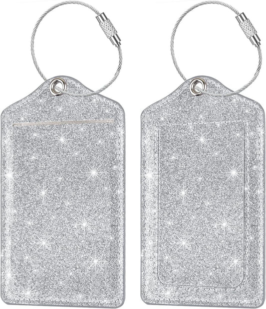 (2 Pack) Luggage Tags Glitter Leather Suitcase Tags Bag Bling Travel Tag