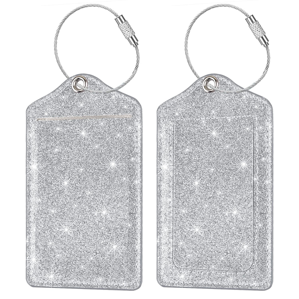 (2 Pack) Luggage Tags Glitter Leather Suitcase Tags Bag Bling Travel Tag