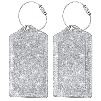 (2 Pack) Luggage Tags Glitter Leather Suitcase Tags Bag Bling Travel Tag