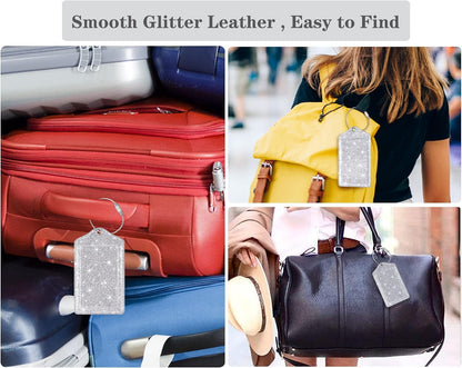 (2 Pack) Luggage Tags Glitter Leather Suitcase Tags Bag Bling Travel Tag