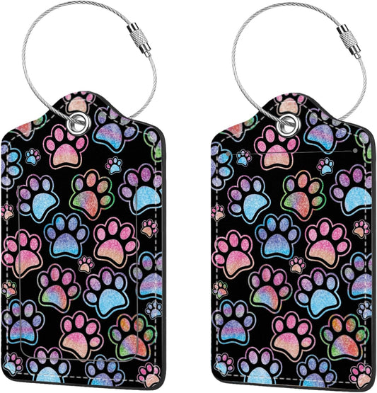 2 Pcs Luggage Tags for Suitcase, Cute Unique PU Leather Travel Bag Tag with Privacy Cover ID Label Address Card and Durable Metal Ring Suitable for Men Women Children Backpack, Dog Paw Print