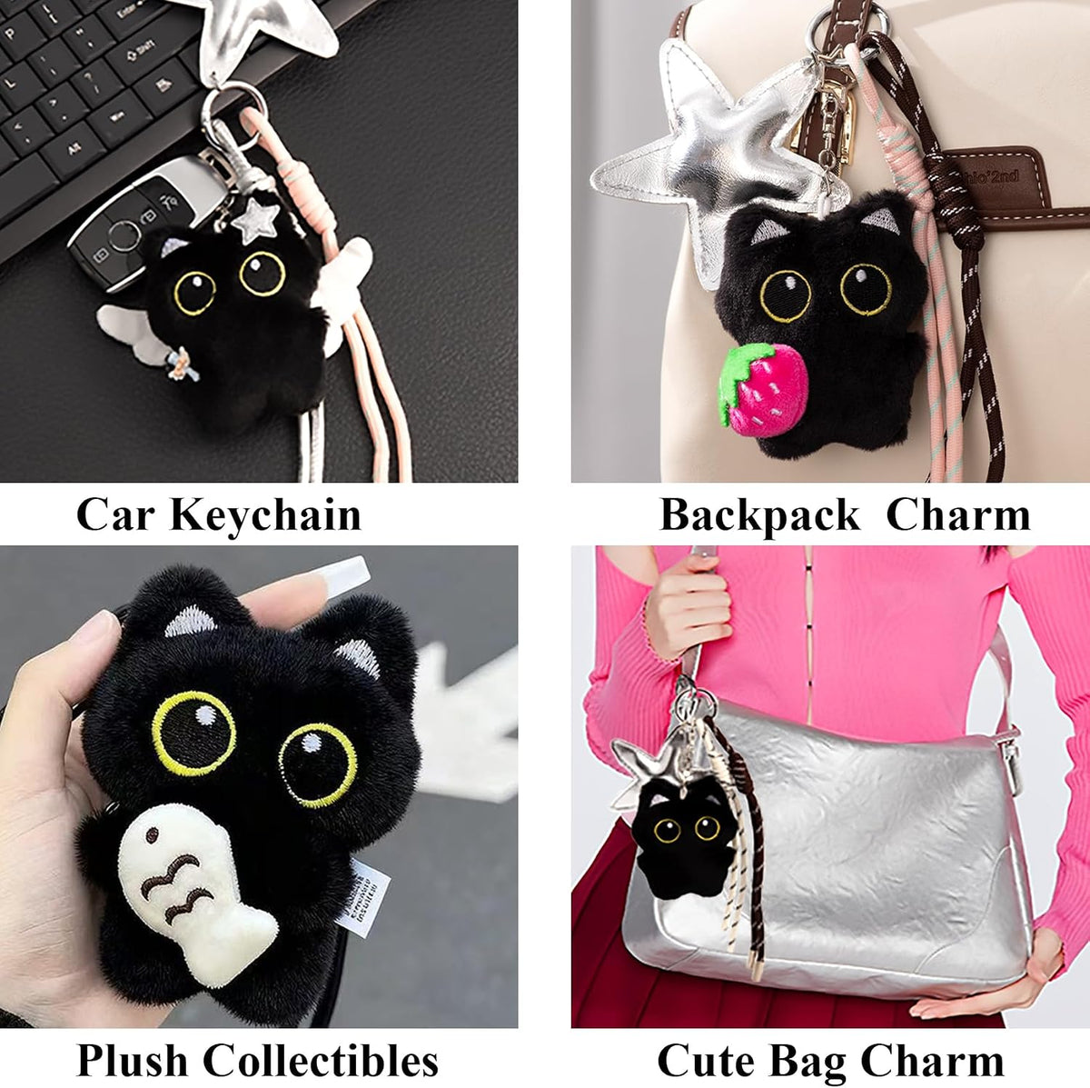 Bag Charm Cute Black Cat Plush Keychain Backpack Purse Key Chain Accessories Gifts for Women