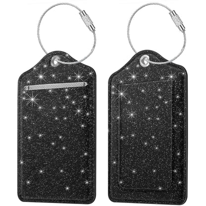 (2 Pack) Luggage Tags Glitter Leather Suitcase Tags Bag Bling Travel Tag