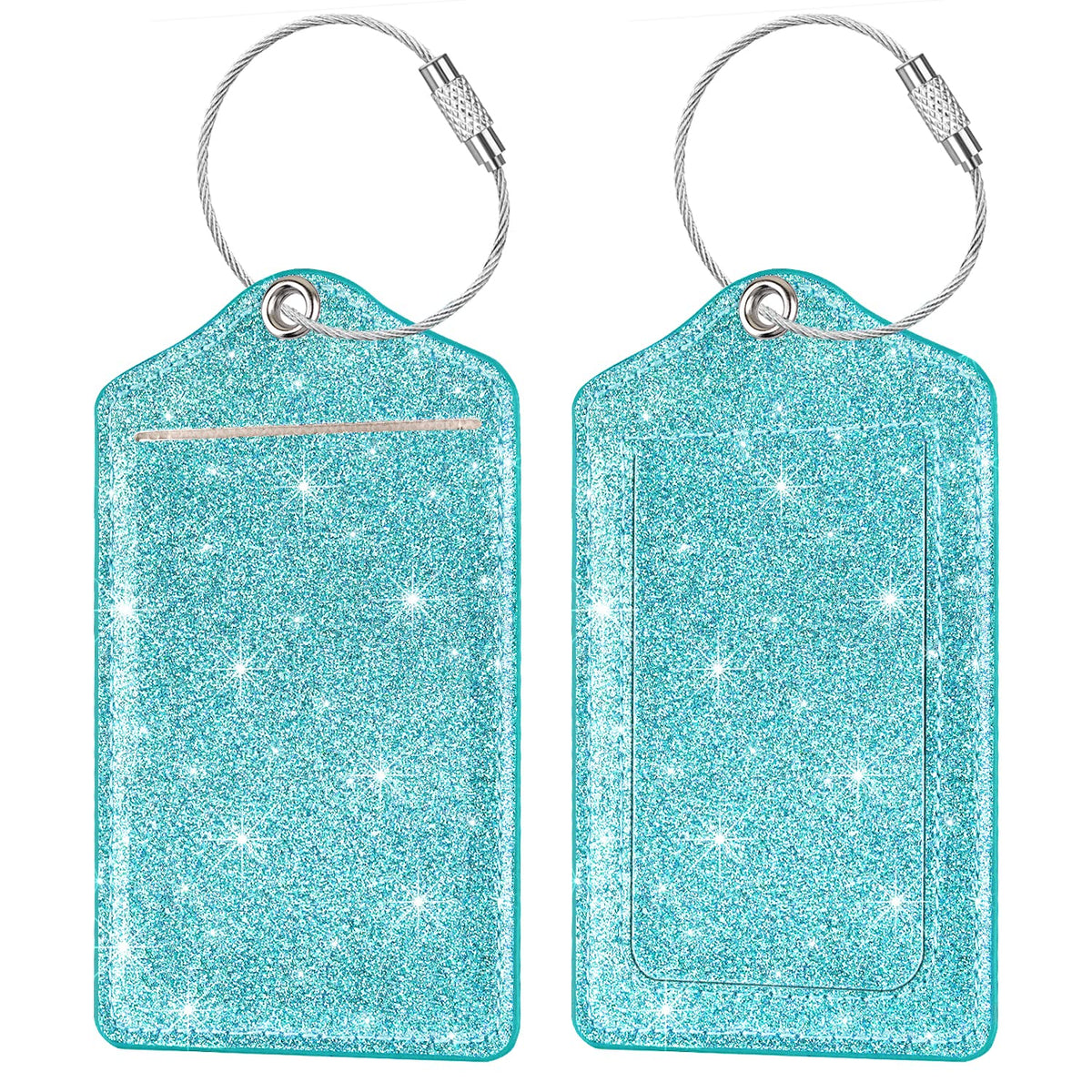 (2 Pack) Luggage Tags Glitter Leather Suitcase Tags Bag Bling Travel Tag
