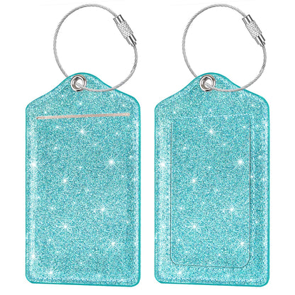 (2 Pack) Luggage Tags Glitter Leather Suitcase Tags Bag Bling Travel Tag