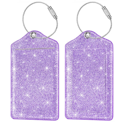 (2 Pack) Luggage Tags Glitter Leather Suitcase Tags Bag Bling Travel Tag