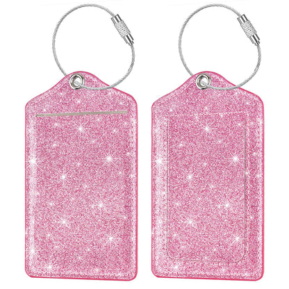 (2 Pack) Luggage Tags Glitter Leather Suitcase Tags Bag Bling Travel Tag