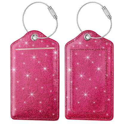 (2 Pack) Luggage Tags Glitter Leather Suitcase Tags Bag Bling Travel Tag