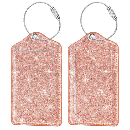(2 Pack) Luggage Tags Glitter Leather Suitcase Tags Bag Bling Travel Tag
